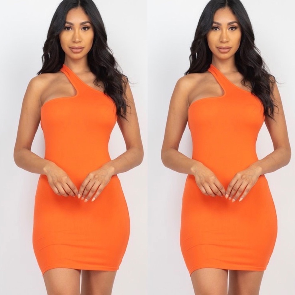 ORANGE ONE SHOULDER STRAP BODYCON FITTED MIDI DRESS
